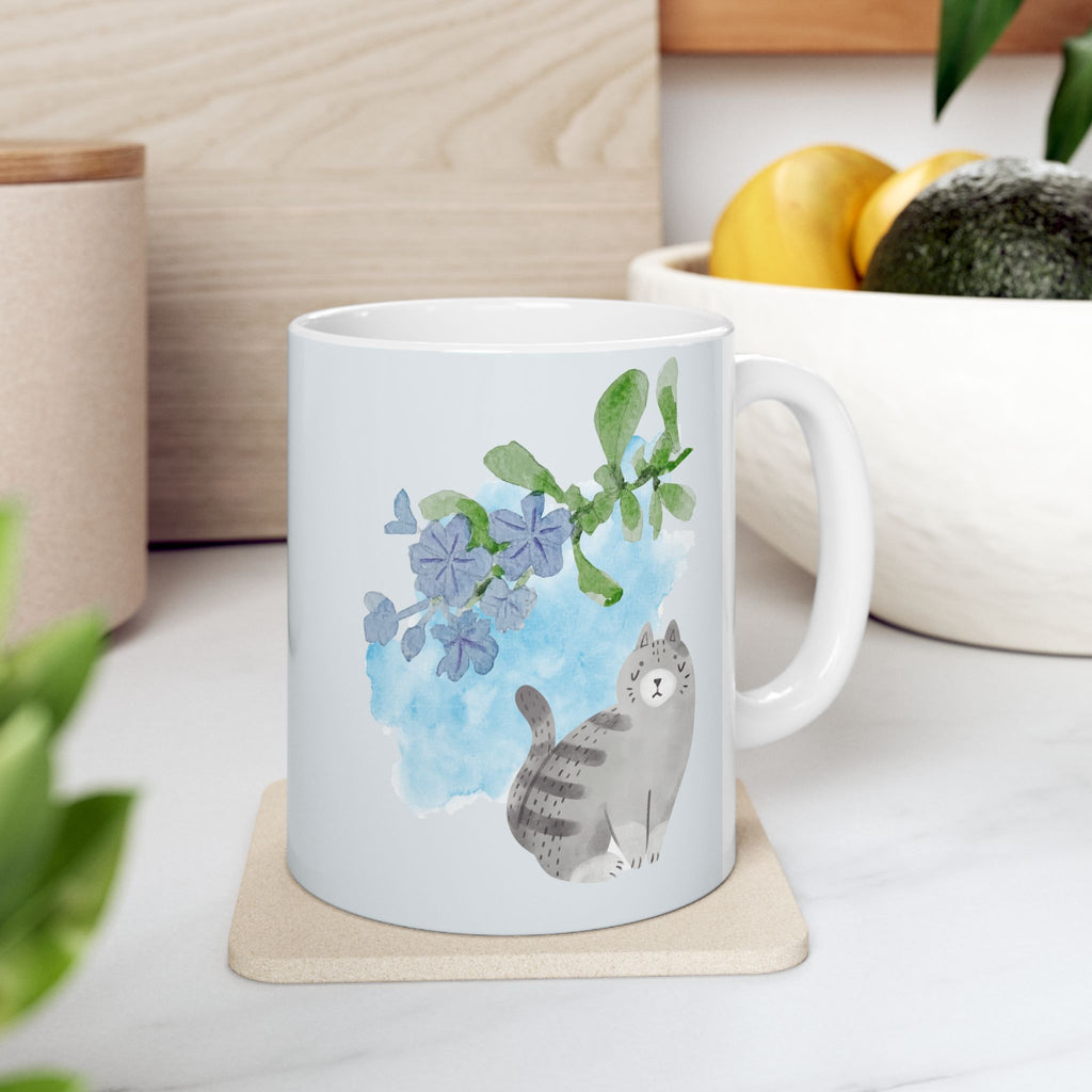 Cute Cat Floral Ceramic Mug – Whimsical Woodland Coffee Cup (11oz, 15oz)